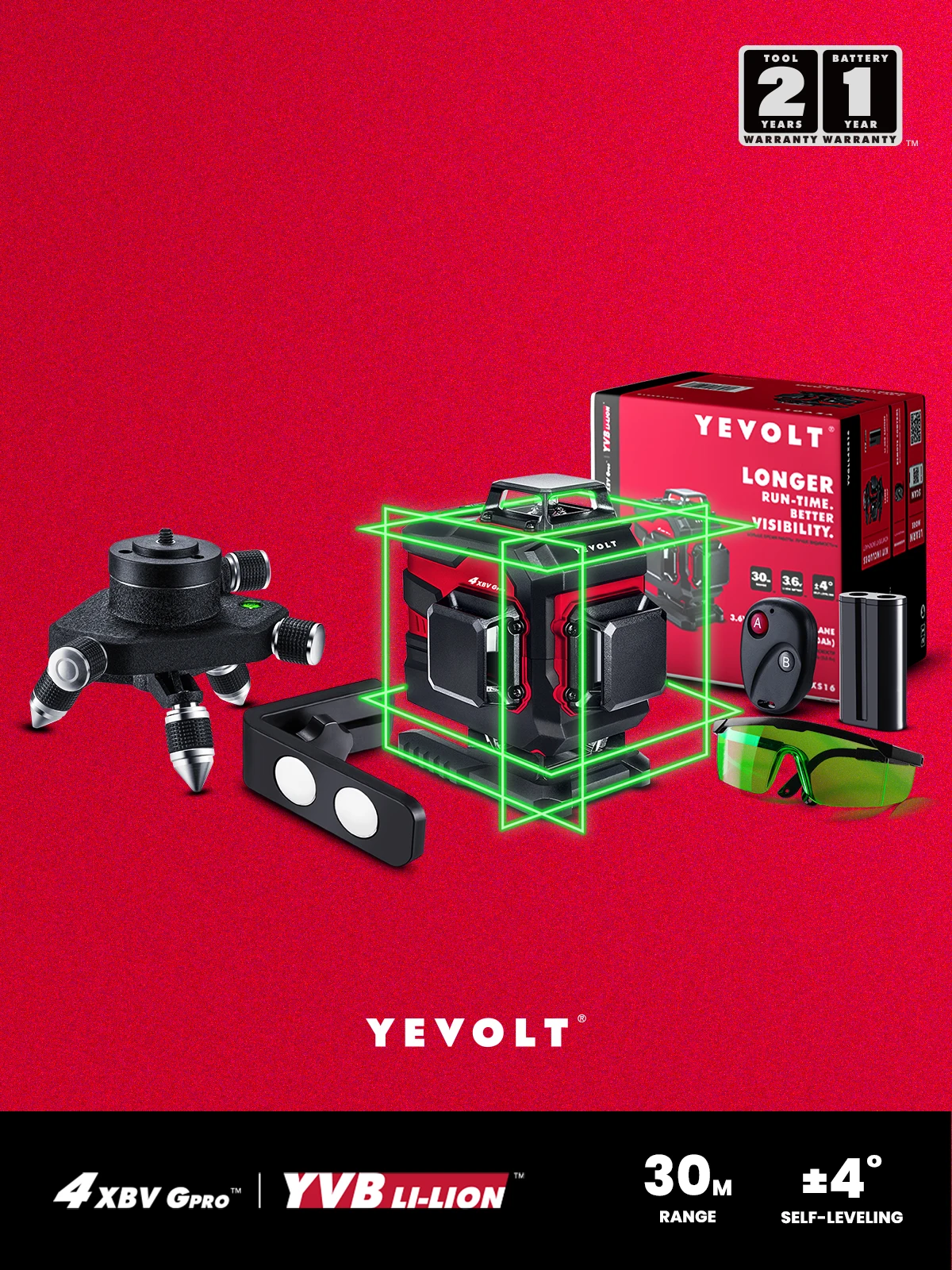 YEVOLT YVGLL4XS16-GLB 4-Plane Green Beam 16 Lines Laser Level with Fine-Tuning Rotating Base Magnetic Holder Glasses Nivel Tools