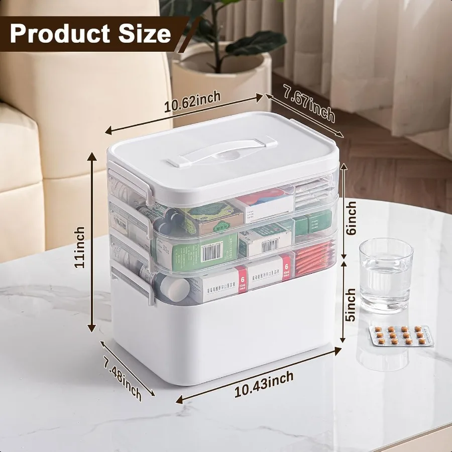 Organizzatore di armadietto dei medicinali portatile a 4 livelli Scatola di immagazzinaggio di medicinali di grandi dimensioni con manico Scatola di pronto soccorso in plastica Vuoto multiuso
