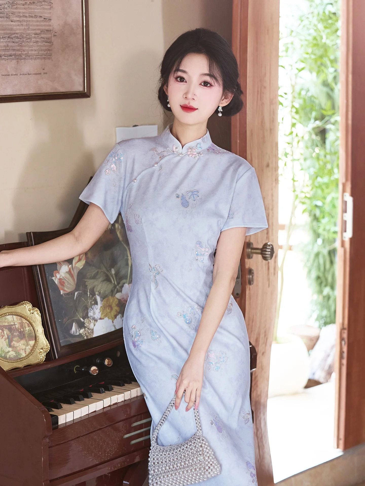 

Blue New Chinese Style Young Women's Waist-Cinching Slimming Office Wear Breathable Short Sleeve Long Dress