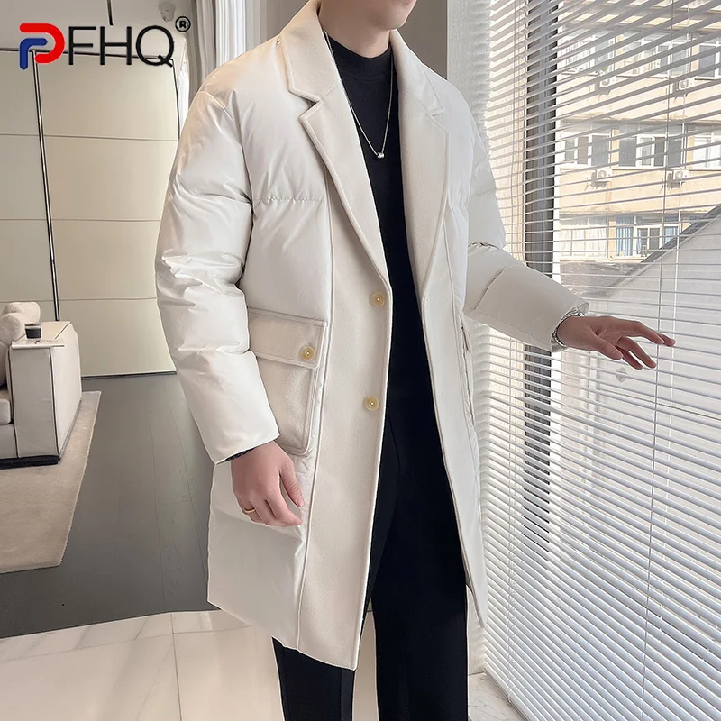 

PFHQ 2024 Winter Mid Long Spliced Men Cotton Jacket Solid Color Patchwork Big Pocket Long Sleeve Male Tops Fashion 21Z7000