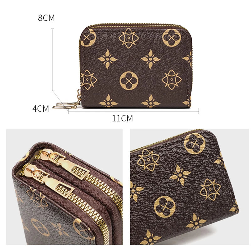 Double-Zip Large capacity Vintage Compact Card Holder with Multiple Card Slots Portable Fashion Card Pouch & Coin Purse