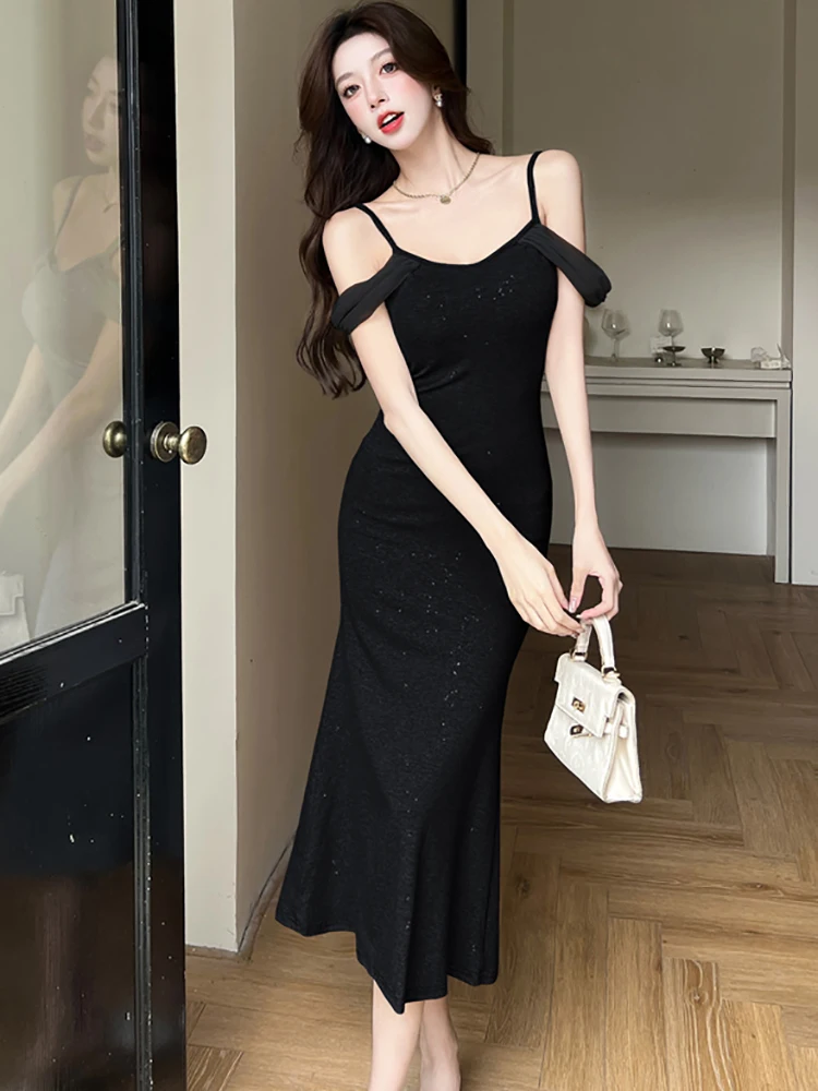 ฤดูร้อนถักเก๋ตาข่ายสลิงชุดคลับเซ็กซี่ผู้หญิงเกาหลี Vintage Hepburn พรหมชุด 2025 Elegant Bodycon ชุดราตรี