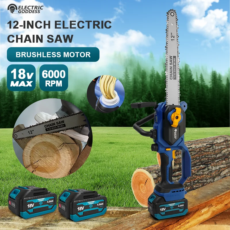 Electric Goddess Brushless 12in Electric Chain Saw Woodworking Handheld Cordless Saw Power Tool For Makita 18V Battery ﻿