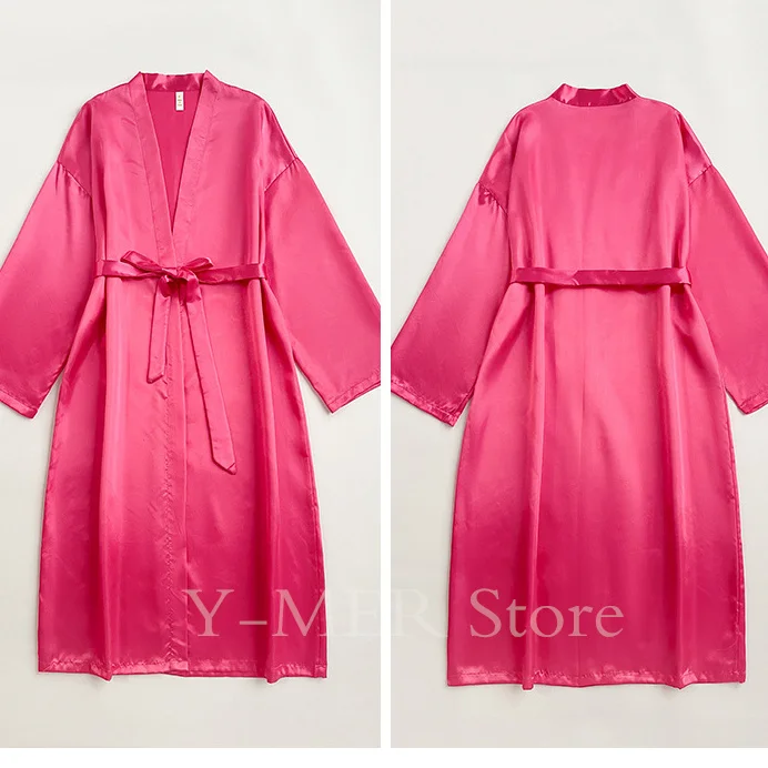 Satin Robe Hot Pink Kimono Women Long Bathrobe Gown Summer Bride Wedding Dress Gift Lady Casual Homedress Loose Sleepwear