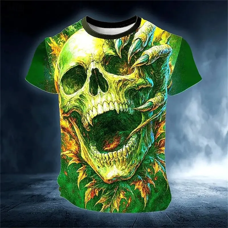 Men's 3D-Printed Halloween Skull T-Shirt – Stylish Short-Sleeve Crew Neck; Harajuku, Outdoor Party, Hip-Hop Style; Y2K Aesthetic