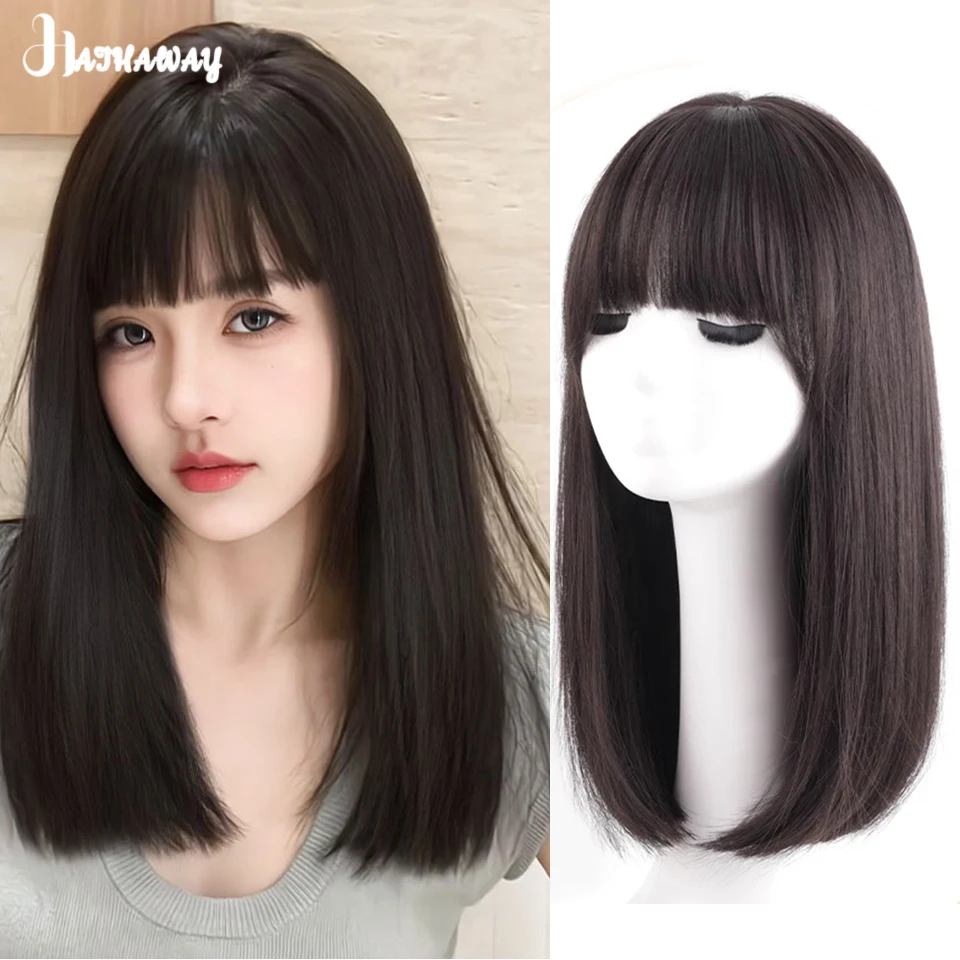 Synthetic Wig Full Head Female Sweet Cool Cartoon Sense Black Long Straight Bangs Long Hair Natural Seamless Wig Daily Wear Wig