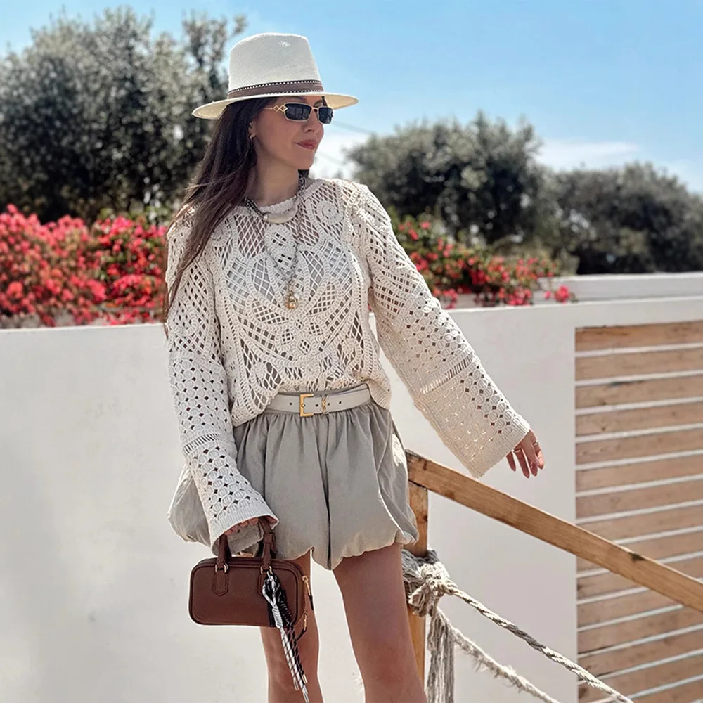 

Модный дизайн, однотонный вязаный крючком вязаный свитер с длинными рукавами, женский летний новый стиль