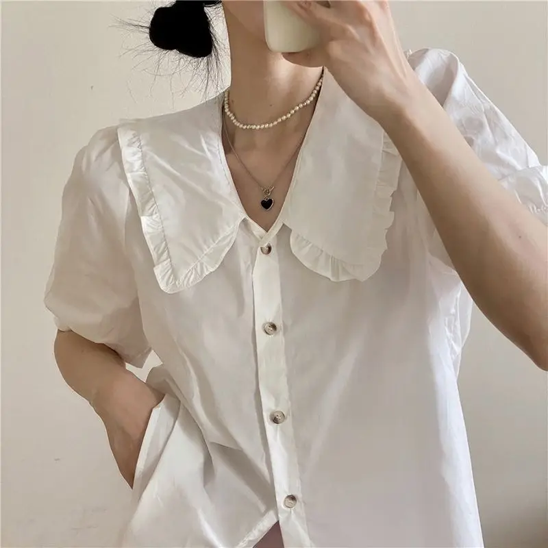 Shirts Women Pure Peter Pan Collar Tops Summer Holiday Sweet All-match Streetwaer Tender Ruffles Fashion Basic Camisas Aesthetic