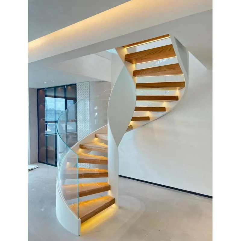 custom.ECT Modern Design Office Building Commercial Rotary Staircase Indoor Solid Wood Tread Staircases