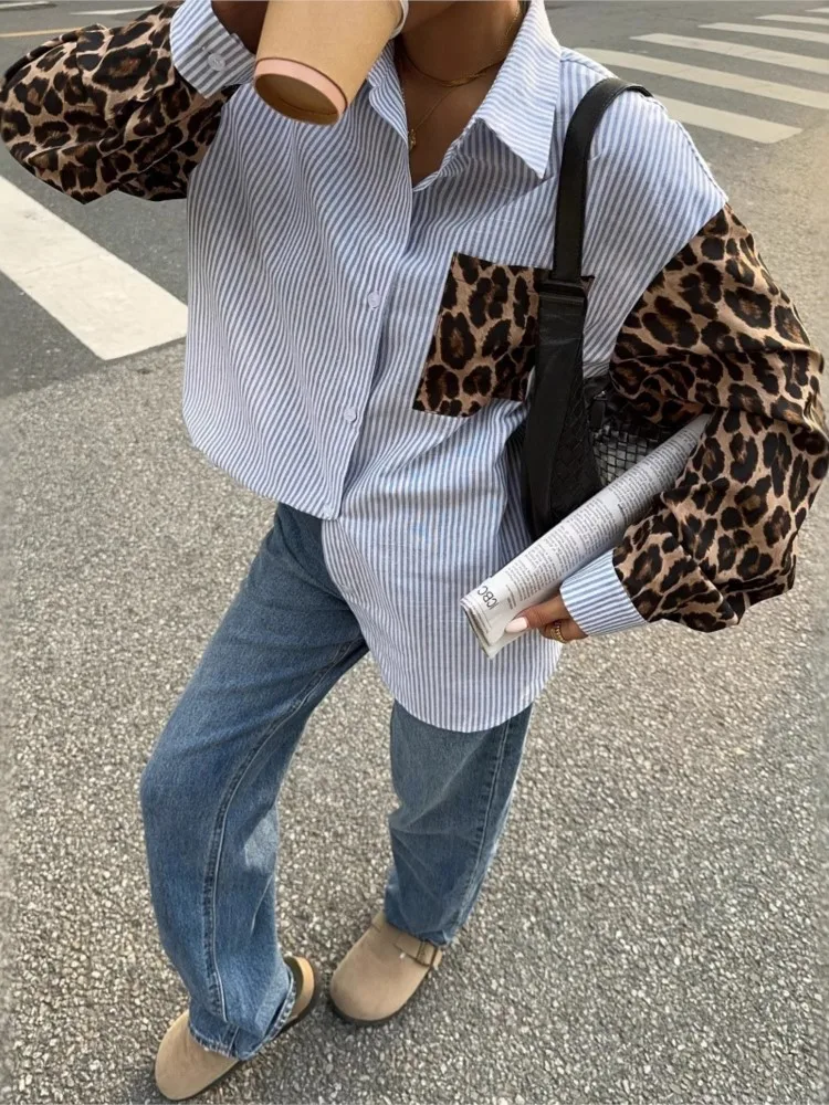 

Women's New Loose Stitching Long-sleeved Shirt Spring And Autumn Fashion Casual Striped Leopard Lapel Versatile Commuting Top