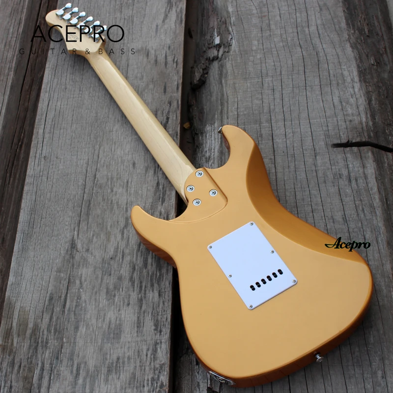 In Stock Acepro Gold Color ST Electric Guitar, Tremolo Bridge, S-S-Humbucker Pickups Mini Switch for Split Coil, Guitarra