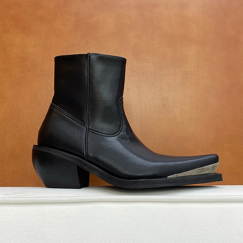 

Retro Chelsea boots unisex British style iron toe boots with genuine leather square toe short boots side zipper leather shoes