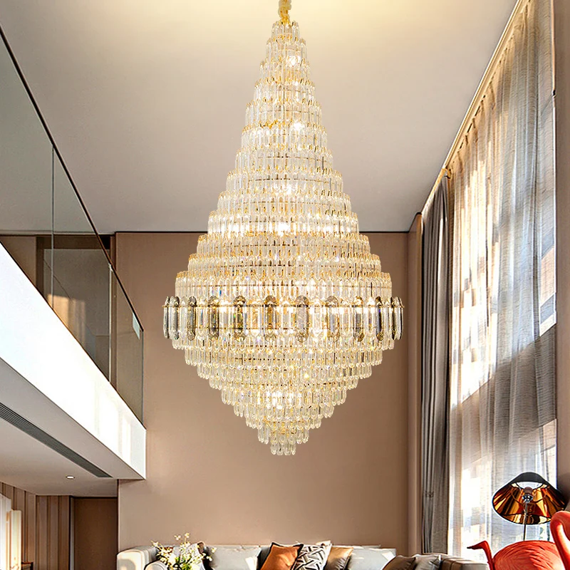 Stairecase Crystal Chandelier, Gold Pendant Light, Elegant High-Ceiling Living Room Lighting, Minimalist Home Decor Lamp