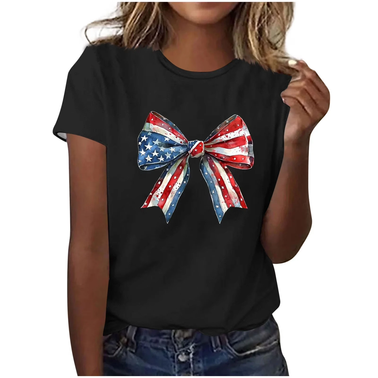 Plus Size Women Casual T Shirt Vintage Watercolor American Flag Bow Print Regular Round Neck Short Sleeve Tee Soft Fabric Summer Holiday Gathering Street & Party Wear