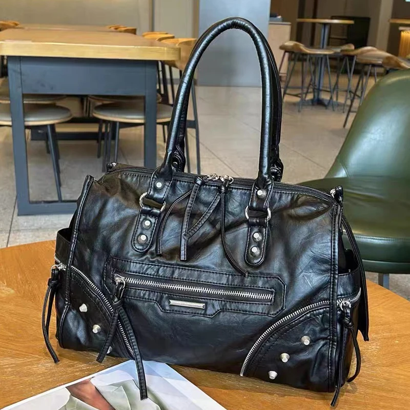 

Moto & Biker Tote Bags For Women Luxury Designer Handbags Purses 2026 New In PU Vintage Washing Process Rivet Underarm Shoulder