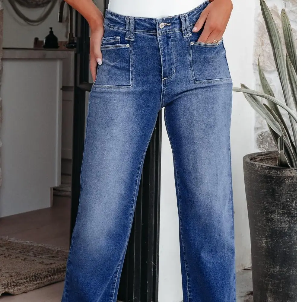 Women's Straight Fit Jeans High Waisted Wide Leg Cargo Jeans Pants Trousers for Ladies Female