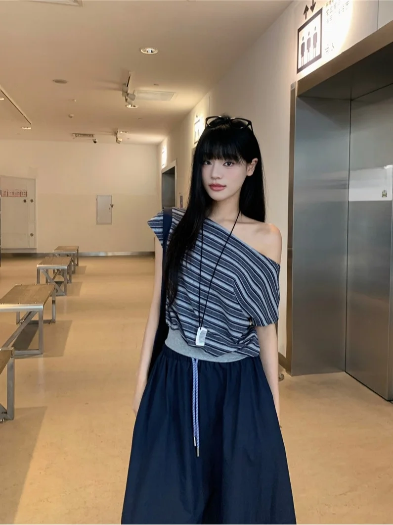 تي شيرت مخطط للفتيات من Sweet Cool Girl مع تنورة نصفية بخصر مطاطي، مجموعة صيفية جديدة من أزياء النساء، ملابس فضفاضة بأكمام قصيرة