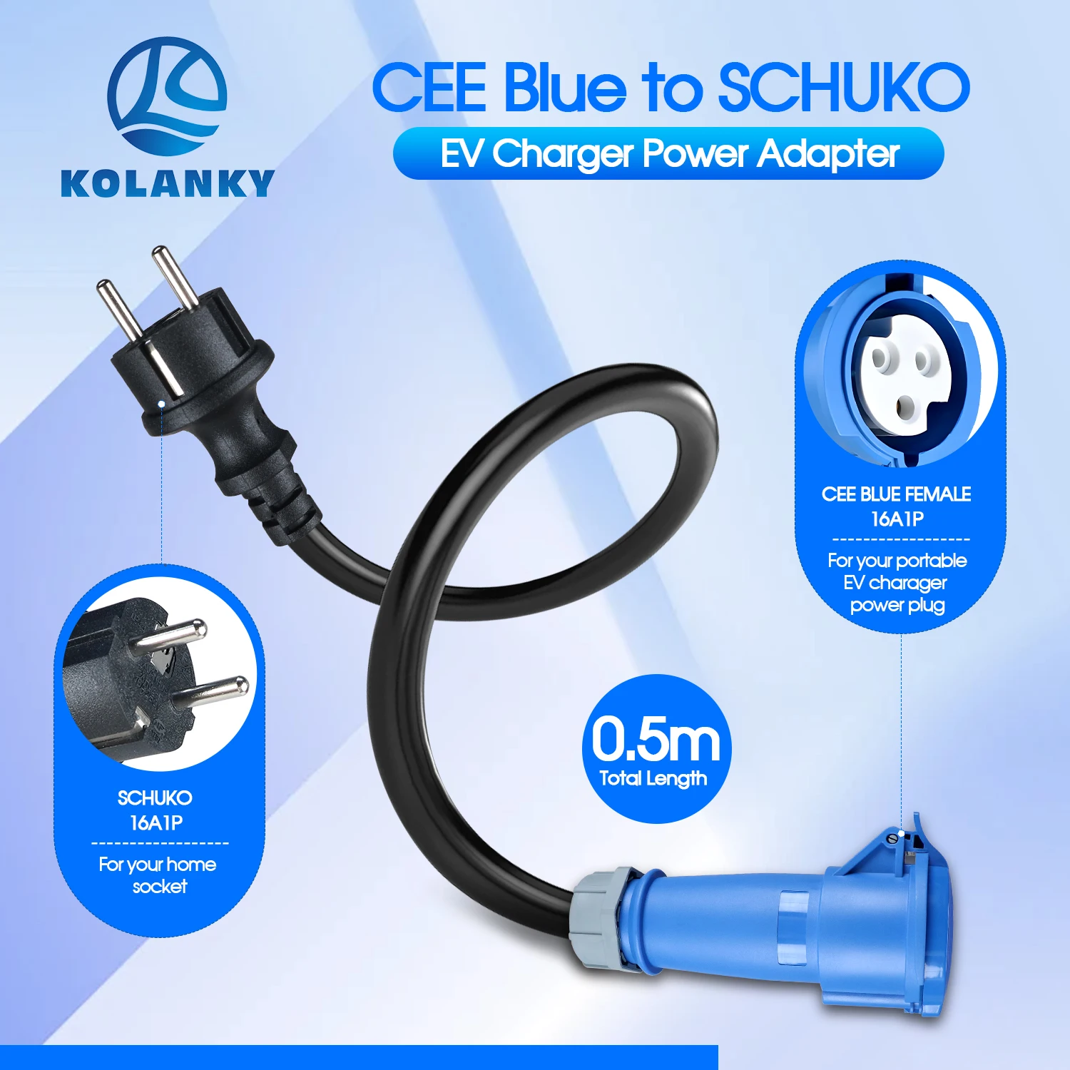 EV Power Adapter 7.2KW CEE Blue Female Plug to 3.6KW EU Schuko Male Plug 32A to 16A Electric Vehicle Charging Adapter for EV Cha
