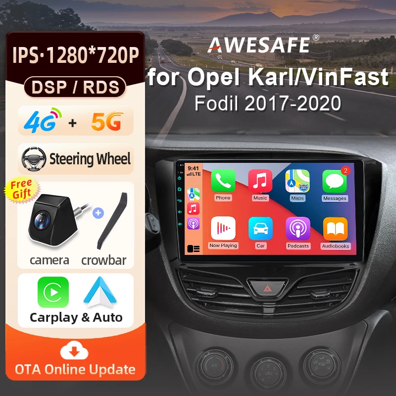 Autoradio Android AWESAFE 9 pouces pour Opel Karl 2017 2018-2020, CarPlay et Android Auto sans fil, navigation GPS, support multimédia, commande au volant, amplificateur de subwoofer, caméra arrière avec CAN-BUS, EU Plug and Play, DAB+, autoradio numérique 2 DIN, autoradio stéréo RDS