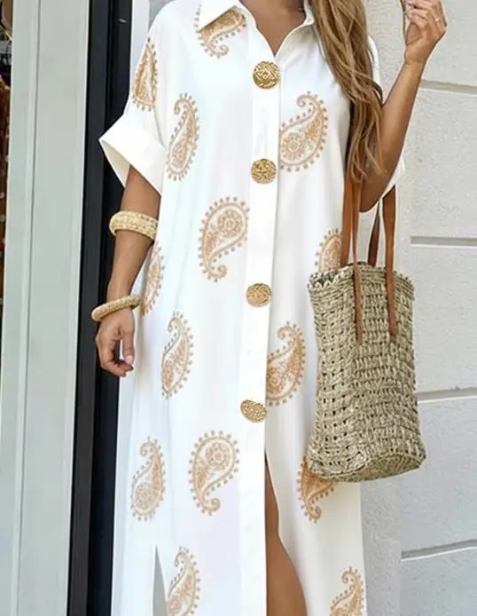 2026 Elegantes, neues, modisches, kurzärmliges Hemdkleid mit Umlegekragen und lässigem Knopfdetails, locker sitzendes Midikleid