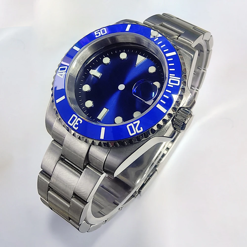40MM シルバーケース、28.5MM ブルーイルミネーションダイヤルとベゼルストラップ、NH35/36 Miyota 8215 ムーブメントに適したサファイアガラス