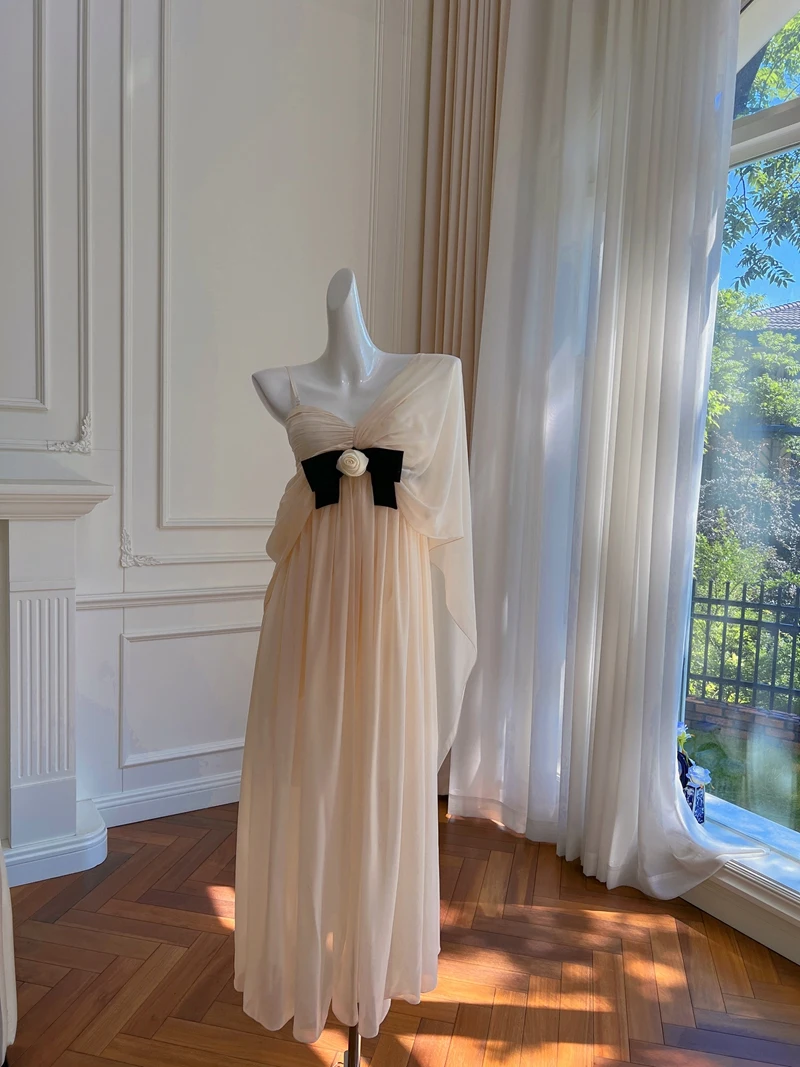 

Ele High Waist Slimming Fairylike Summer Vaion Long Sve Chiffon Dr oulderpad Design Casual Wear Polyester Fiber