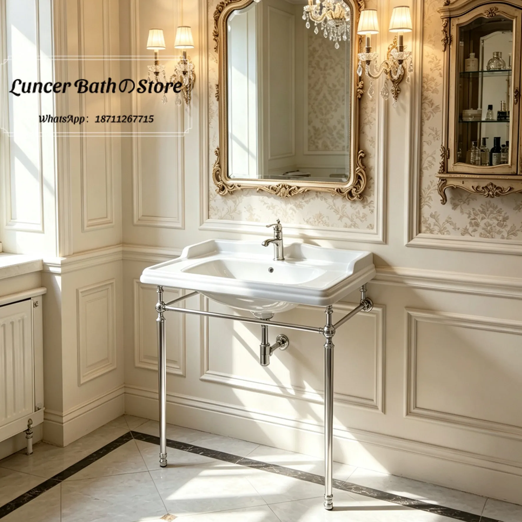 British American Retro Bracket Integrated Ceramic Wash Basin Complete Set With Solid Brass Faucet For Bathroom