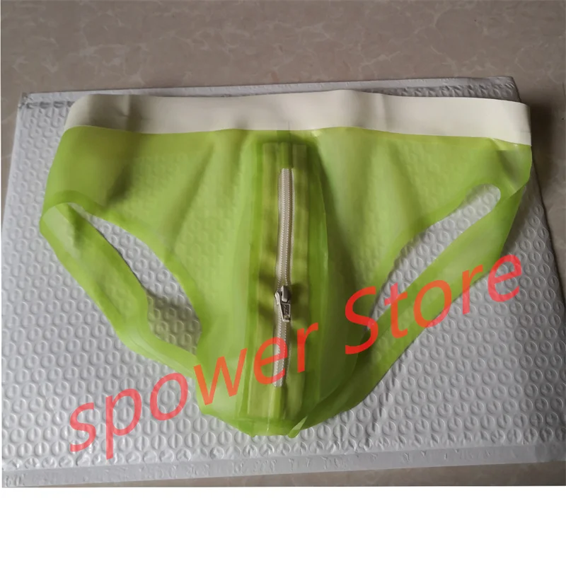 

Latex Briefs Sexy Fetish Rubber Shorts Thong Lingerie Green with White Underwear Handmade Cosplay Costume for Men