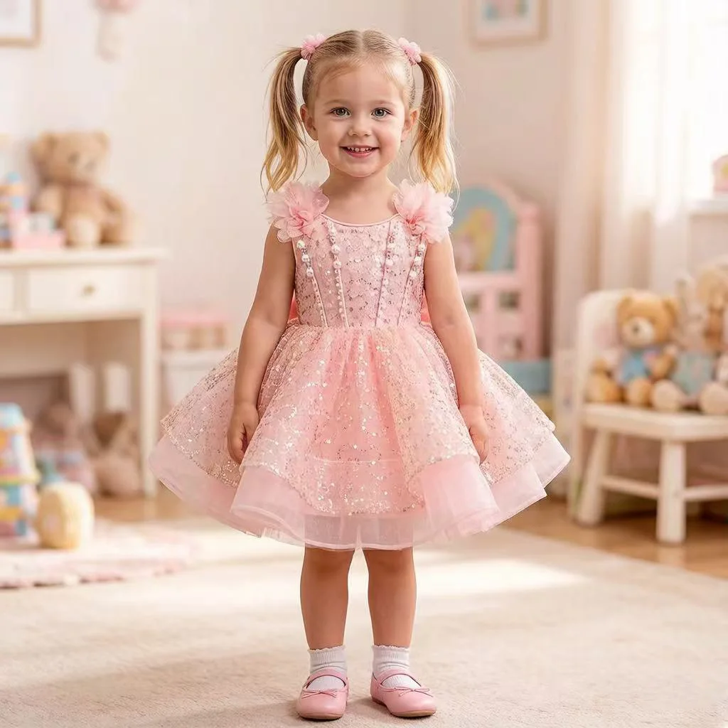 Girls Sequin Mesh Princess Dress Wedding Party Dress Pink Flower Strap Children's Puffy Tulle Skirt Festive Wear for Kids