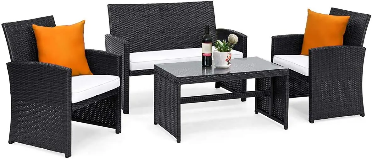 

4-Piece Rattan Patio Furniture Set, Outdoor Wicker Conversation Sofa with Weather Resistant Cushions and Tempered Glass Tabletop