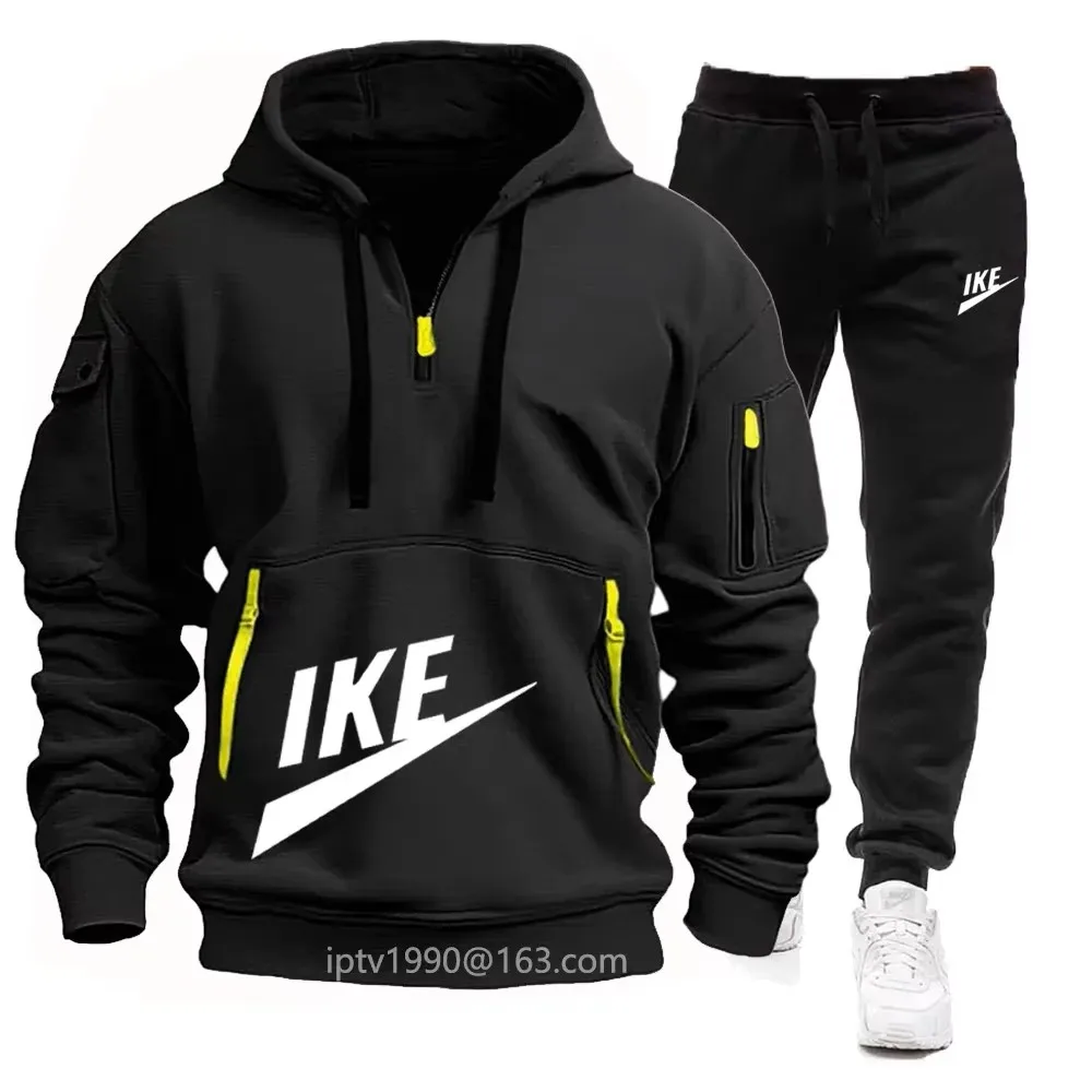 Men's hooded sweatshirt and casual sweatpants zip-up two-piece tracksuit and multi-pocket running suit 2024 new