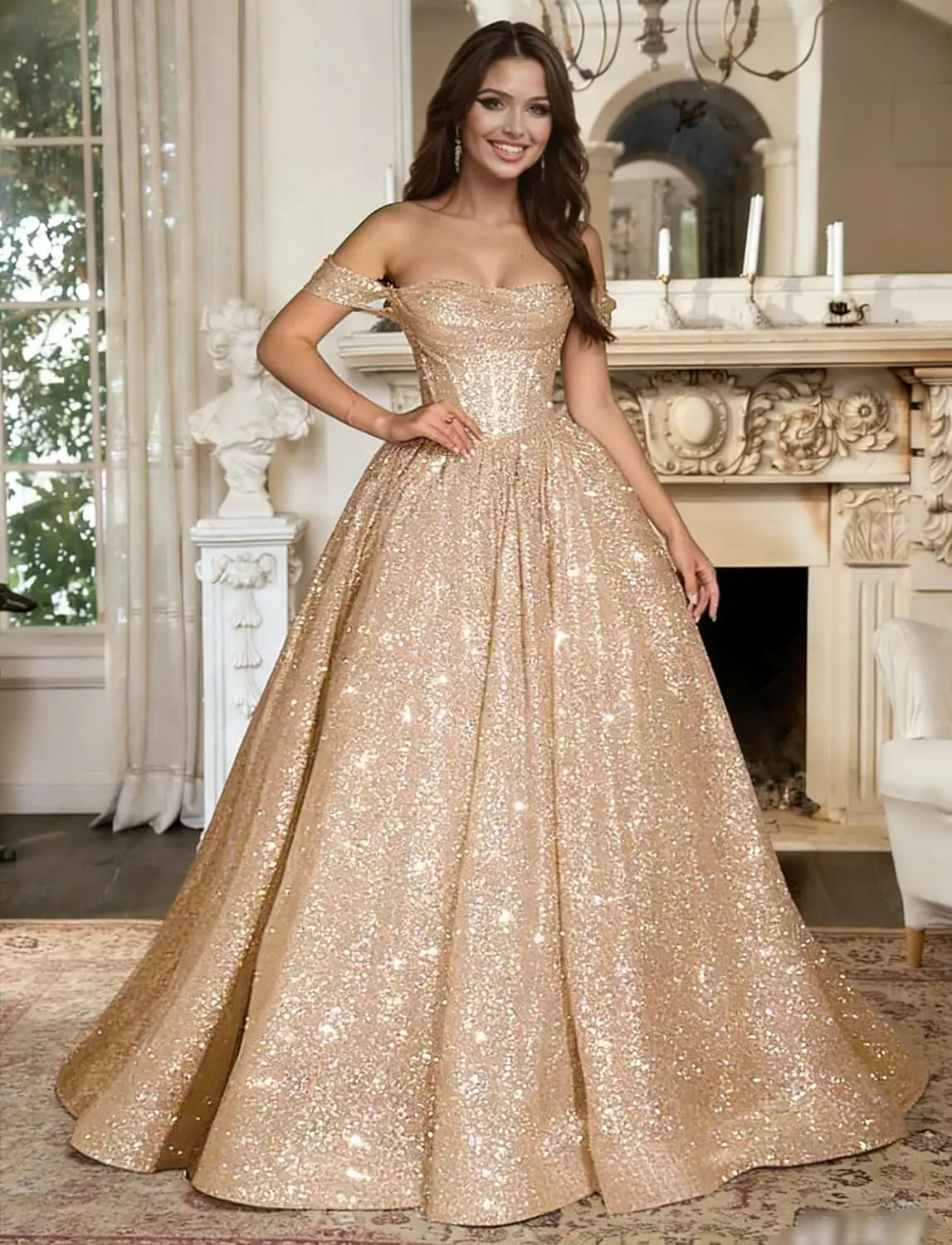 2026 Long Sparkly Sequin Tulle Prom Dress A Line Corset Formal Ball Gown Party…