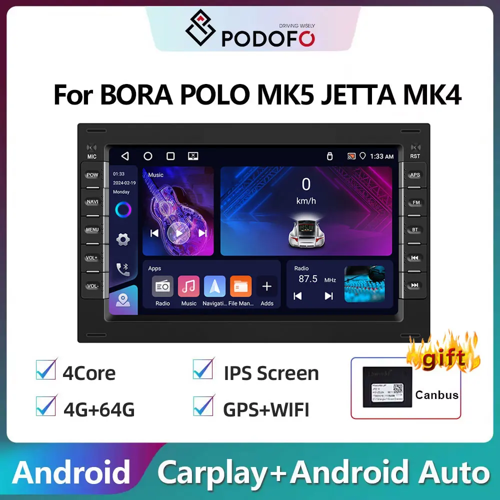 Podofo 2Din Android Car Radio Stereo For VW Volkswagen GOLF POLO Passat b5 BORA MK5 SHARAN JETTA Carplay Video Multimedia Player