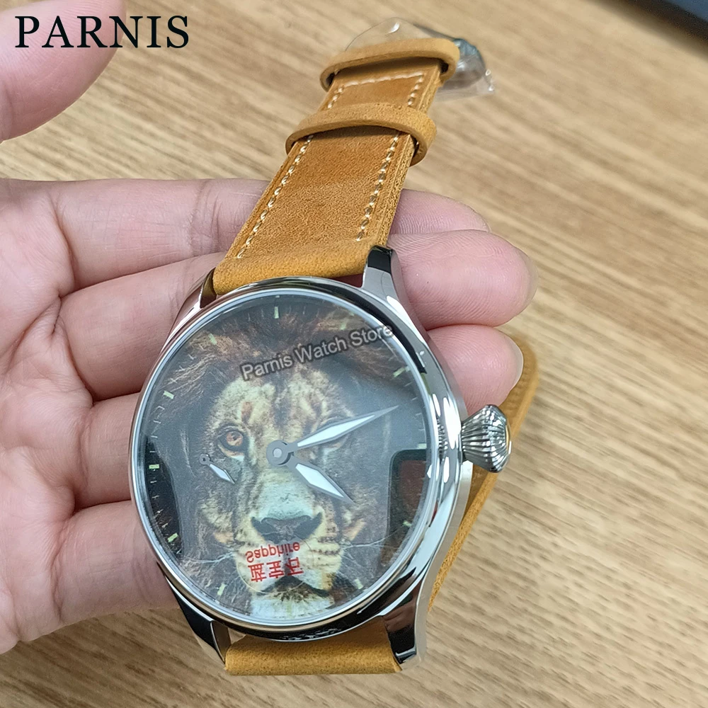 Parnis 44mm Hand Winding Mens Classic Tiger Lion Drawing Dial Wrist Watch Customization Acceptable