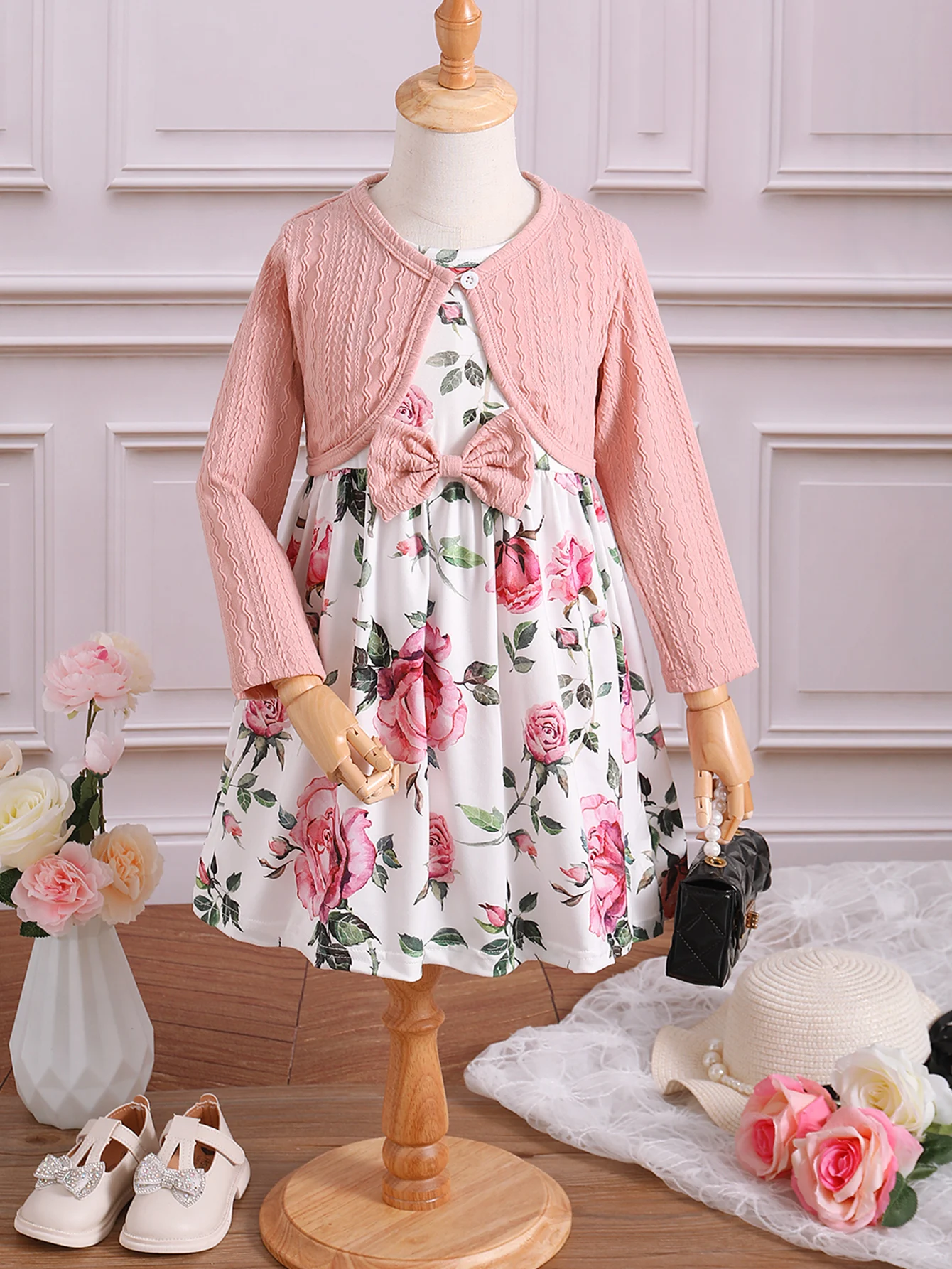 0-3 lat 2PCS Zestaw ubrań na przyjęcie urodzinowe Różowy płaszcz z długim rękawem + sukienka w kwiaty dla dzieci Dziewczyna Moda Ślub Kolacja Spódnica Strój — zdjęcie 3