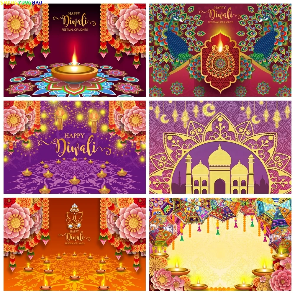 

Happy Diwali Festival Backdrop Indian Traditional Deepavali Lights Diyas Candle Marigold Diwali Photography Background Decor