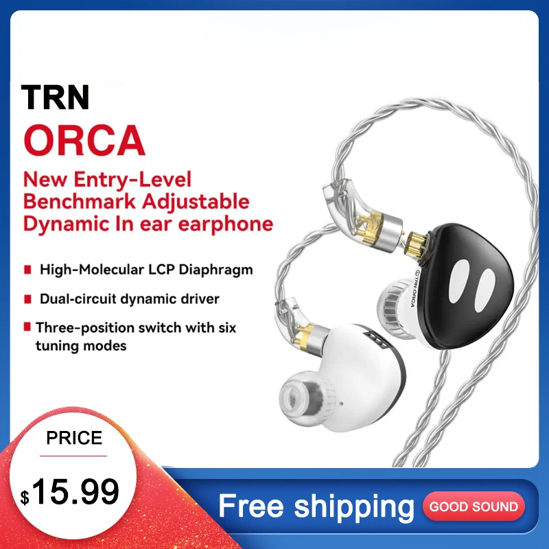 TRN ORCA Dynamic In Ear Earphones High performance Dynamic Driver IEMs Earbuds with  Detachable Cable Tuning Switch  Headset