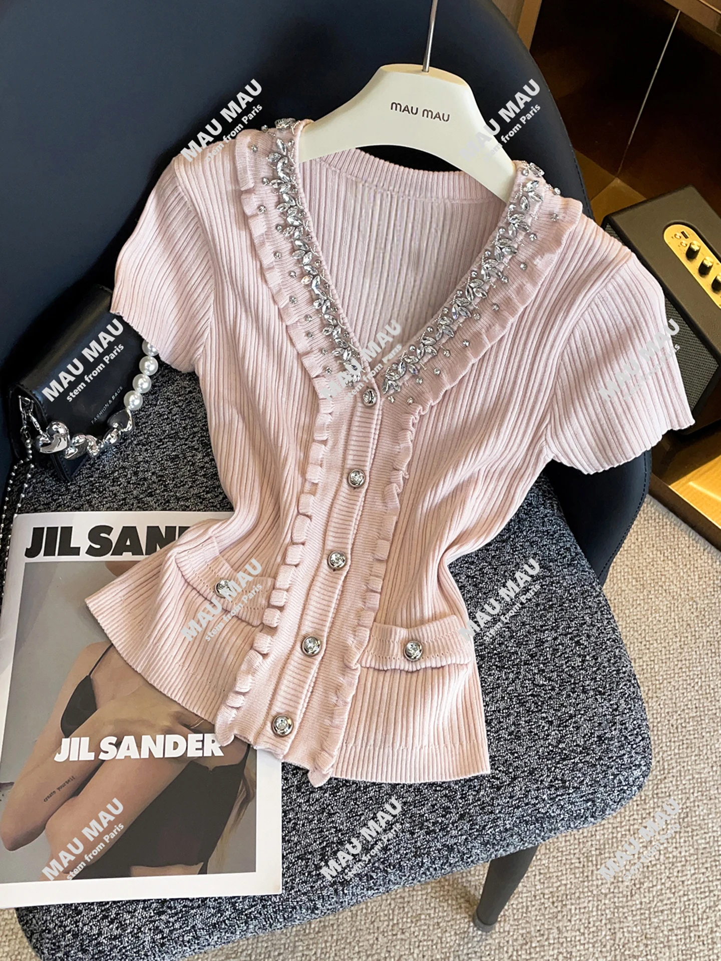 

Sweet Diamond Embedded V-Ne Knitted T-irt Women's Top Ele Commute Sle ort Sve Regular Fit Soft Medium Thin