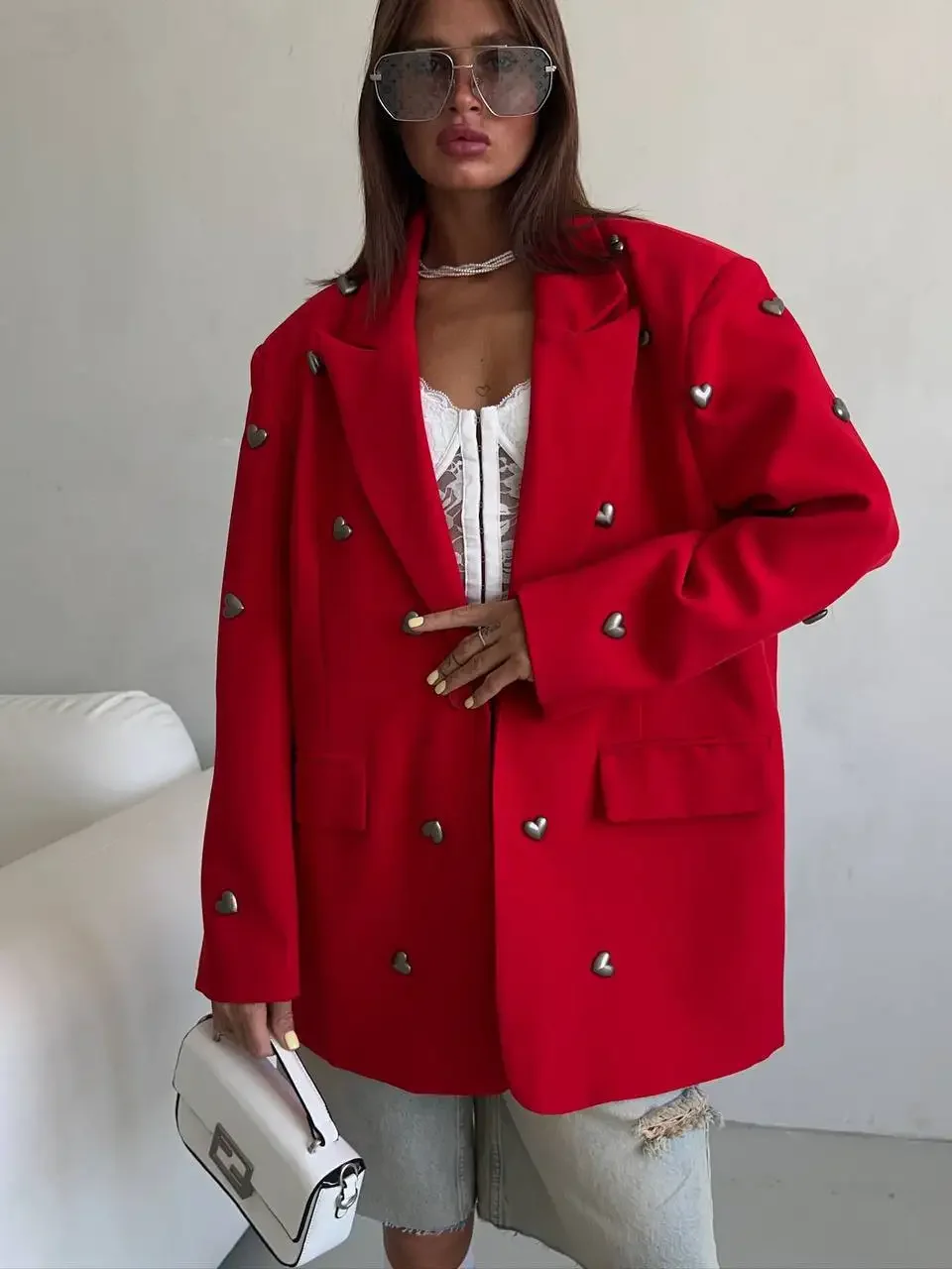 Women's Loose Fit Red Heart Decorated Suit Jacket Spring Autumn Casual Slimming High-end Feel Western-style Clothes