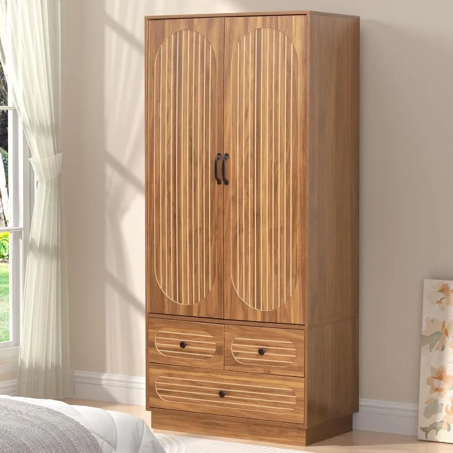 Armoire Wardrobe Closet with Doors Wardrobe Cabinet with 3 Drawers Wooden Large Clothing Storage Cabinet with Hanging Rod and S