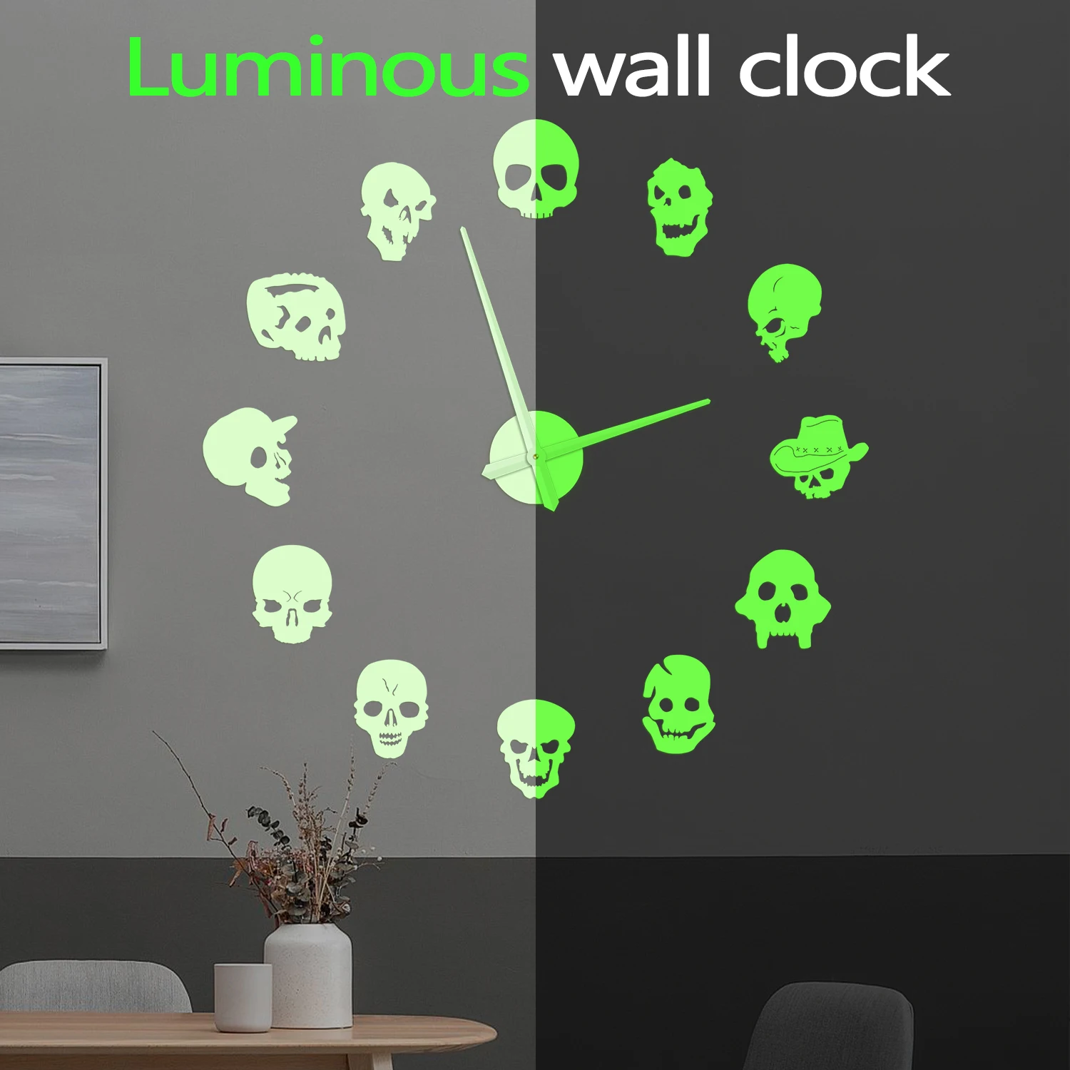 Different Skull Heads DIY Horror Wall Art Giant Wall Clock Big Needle Frameless Zombie Heads Large Wall Watch Halloween Decor