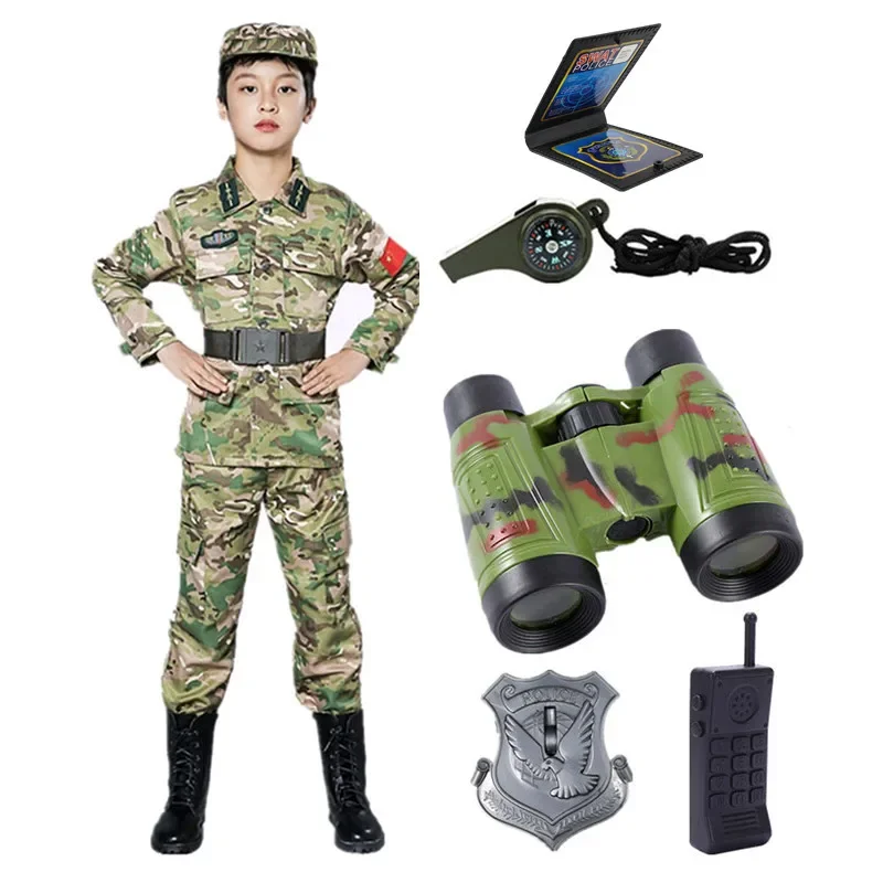 Kids Military Costume with Camo Uniform, Lifesaving Whistle and Binoculars