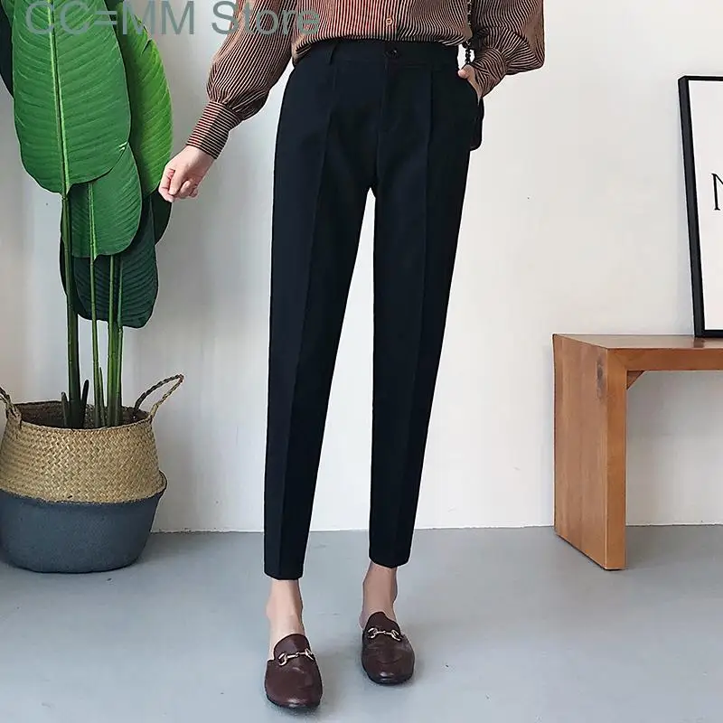 

New Suit Pants Women Office Lady Loose Solid Harem Pants Elegant High Waist Korean Black Beige Elegant Trousers