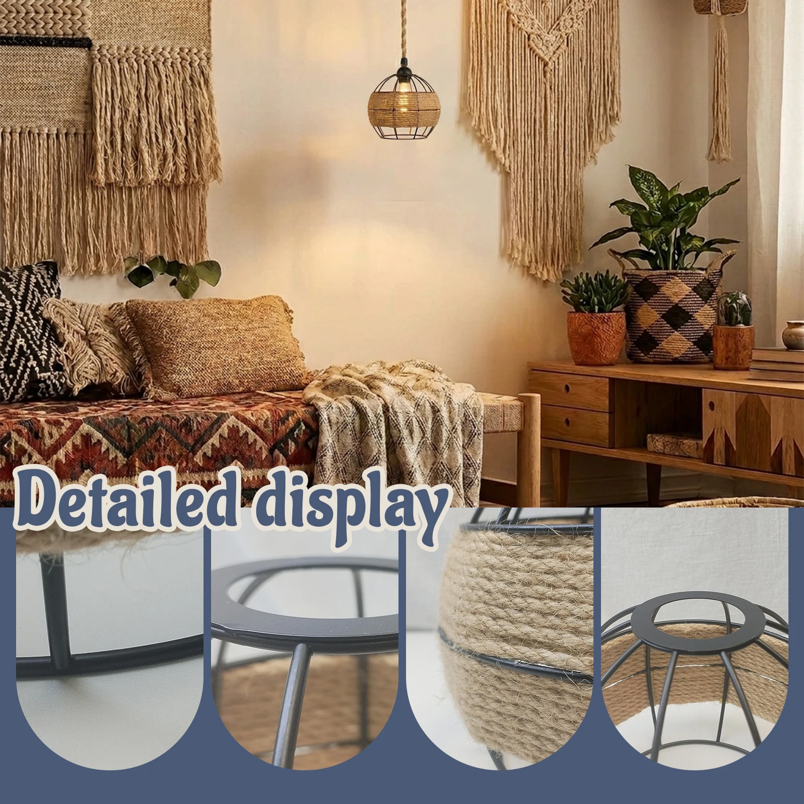 Handwoven Jute Mini Pendant Lampshade Diamond Cage Cover Industrial Farmhouse Style Kitchen Restaurant Decorative Lighting