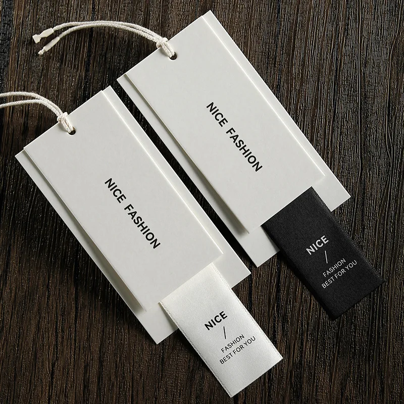 Custom Clothing Hang Tag Set Off-White Cardstock with Pearl Ribbon for Garment Brand Label Custom Logo Wholesale