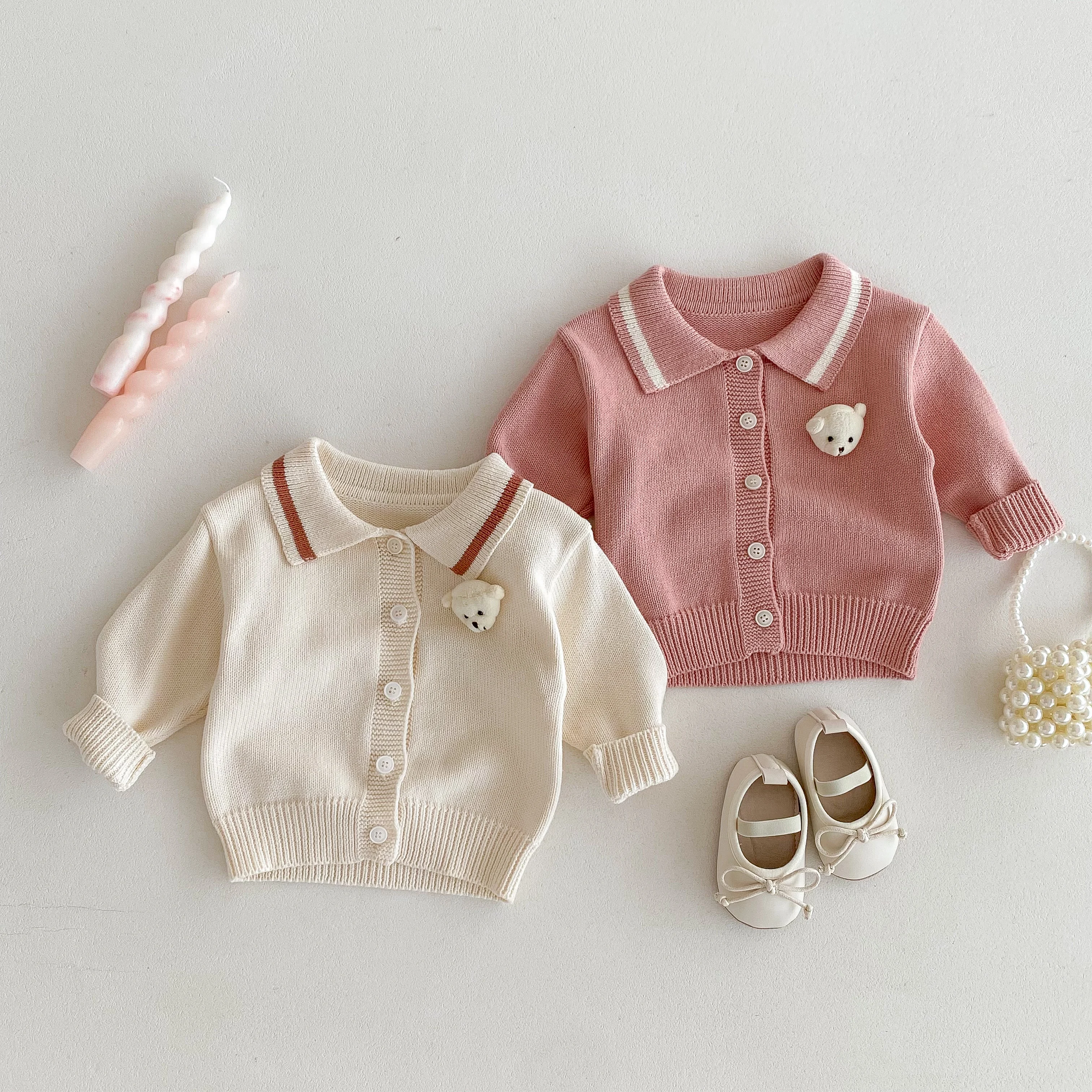 Stylish Long-Sleeve Knit Cardigan for Girls, Korean-Style Bear Collar Sweater Outfit for Babies and Toddlers