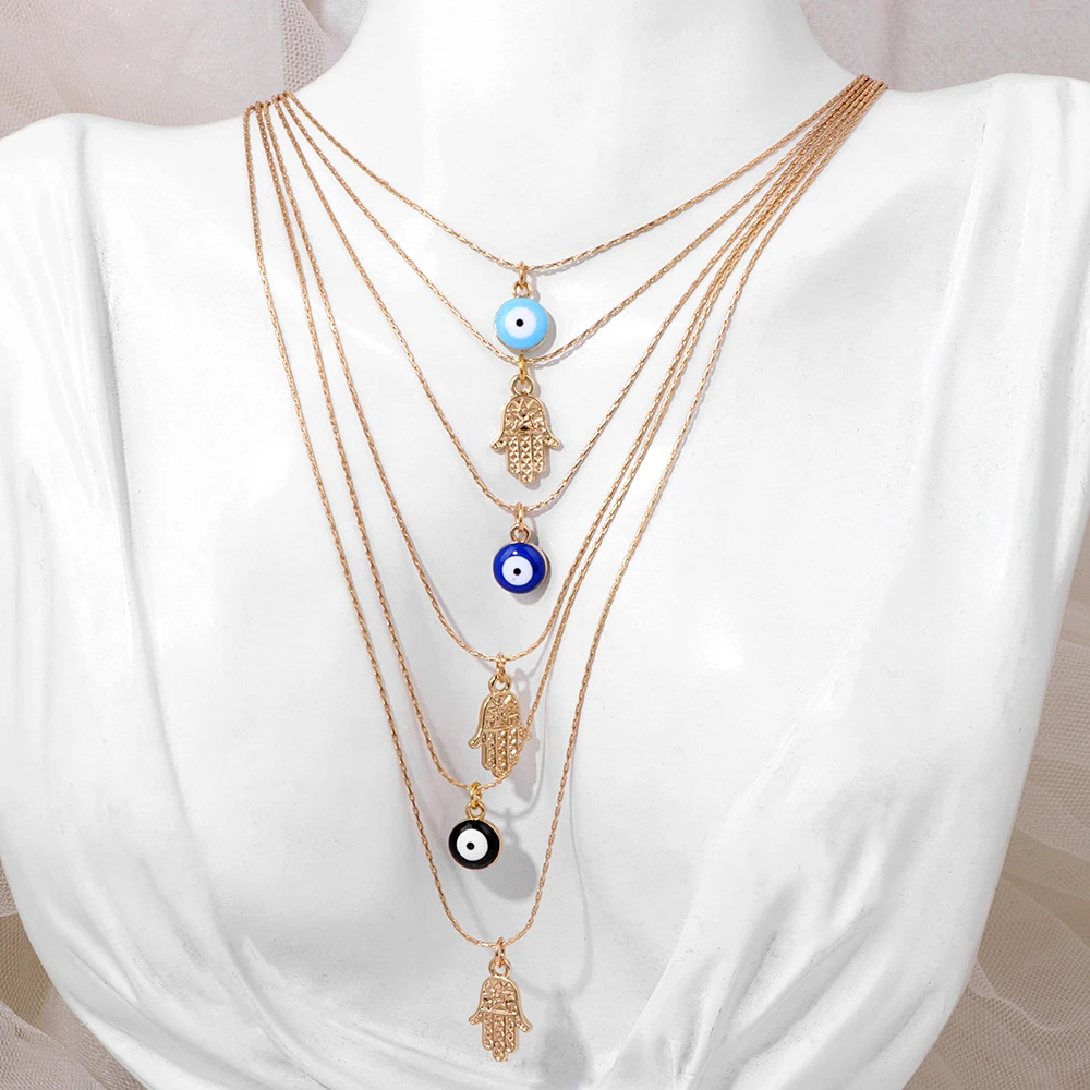 Double Layers Necklace Chain Hand of Fatima Pendant Necklace Sets Evil Eye Chain Chokers Lucky Jewelry Clavicle Chain Friendship