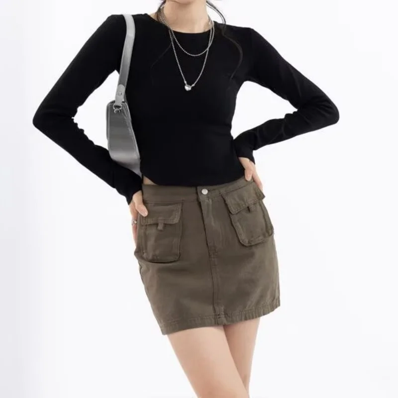 2026 Spring and Autumn Arc Fishbone Slimming and Slimming Bottom Shirt Top Round Neck Long Sleeve T-shirt for Women