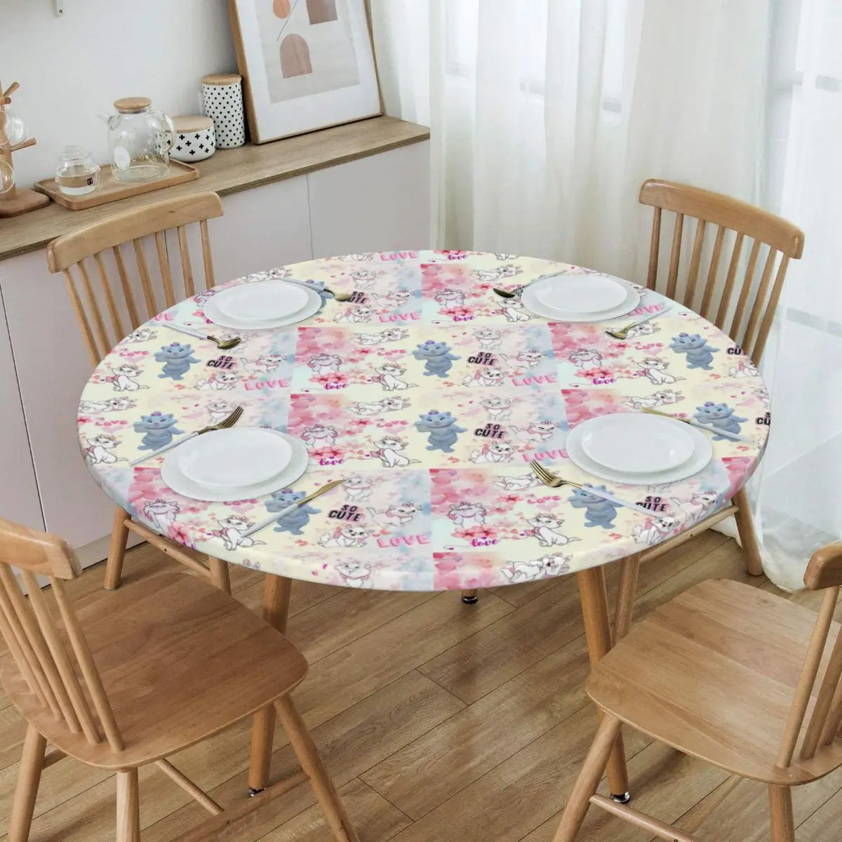 Custom Round Oilproof Adorable Marie Cat Table Cover Elastic Cartoon Girly Kitten Table Cloth Backed Edge Tablecloth for Picnic