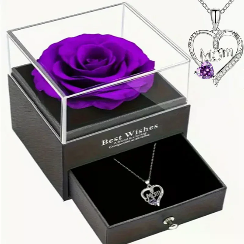Caja de Regalo de Flores Preservadas de Lujo con Rosa Morada y Collar con Colgante de Corazón con la Frase 'Mamá, Te Quiero' - Elegante Regalo para el Día de la Madre o Aniversario